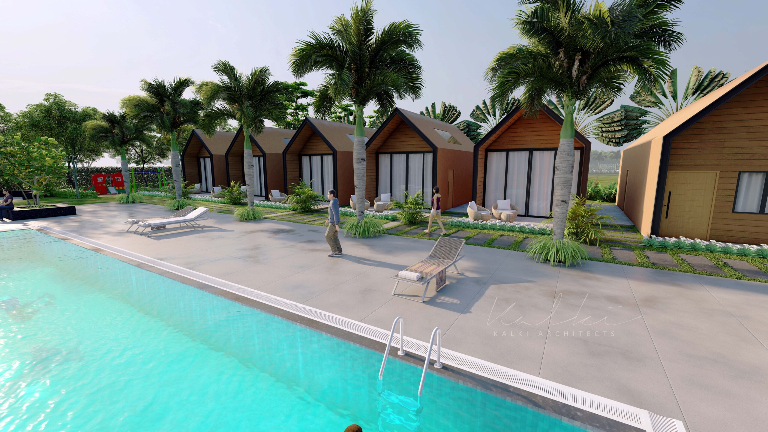A row of modern, A-frame wooden cabins with glass fronts facing a large, turquoise swimming pool with lounge chairs.